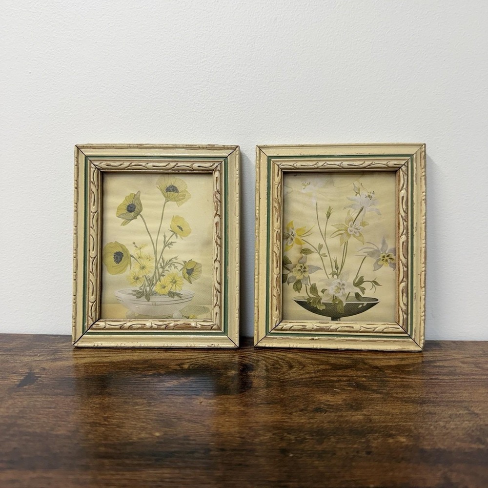 Vintage Small Framed Floral Art Prints Distressed Wood Frames Flowers Cottage
